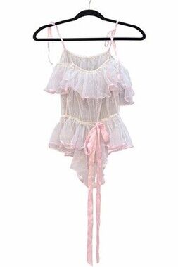 Vintage 80S White Sheer Baby Doll Lingerie Emily Bole Pink Hearts Ruffle Bow S